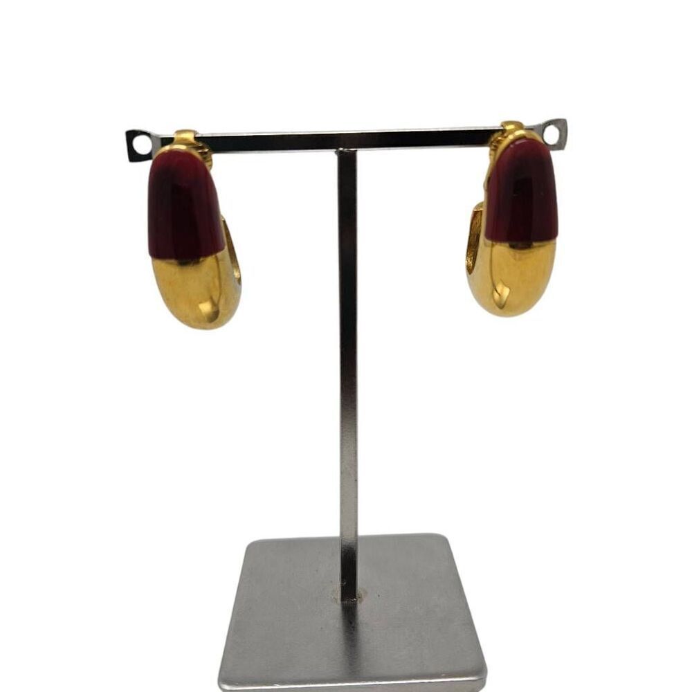 Vintage Givenchy Red/Burgundy Enamel & Gold Half Hoop Clip-On Earrings